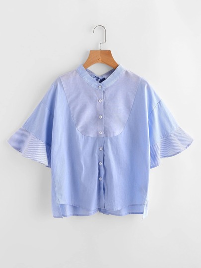 Split Bow Back Fluted Sleeve Mixed Stripe Blouse