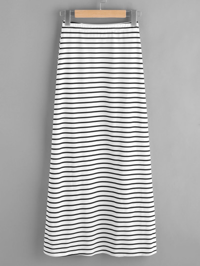 Elastic Waist Striped Split Side Jersey Skirt