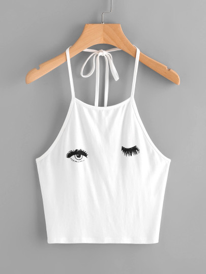 Top allacciato al collo con stampa di wink eyes