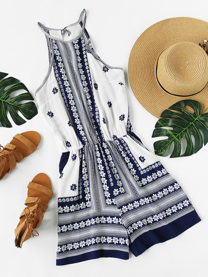 Floral Printed Split Back Self Tie Halter Romper