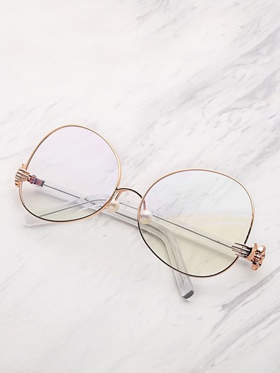Contrast Frame Oval Lens Glasses With Faux Pearl