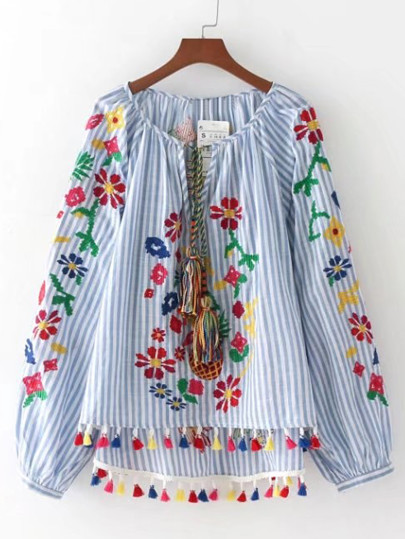 Lantern Sleeve Vertical Striped Tassel Tie Top