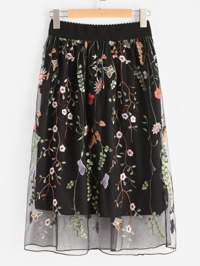 All Over Flower Embroidered Mesh Overlay Skirt