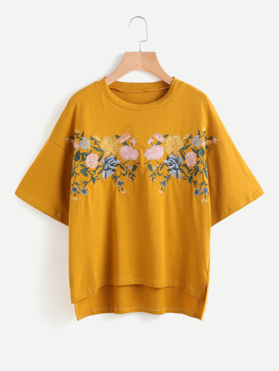 Embroidered Drop Shoulder Slit Side High Low Tee