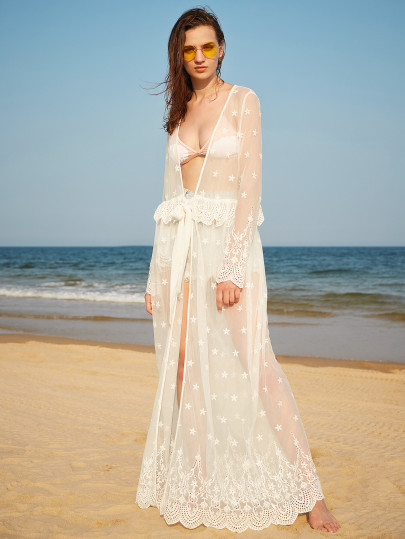 à long kimono transparent avec crochet garniture brodé - Blanc