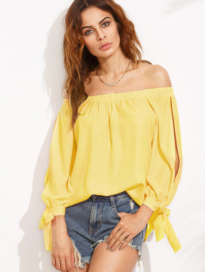 Bardot Bluse mit Schlitz und Selbstbindung