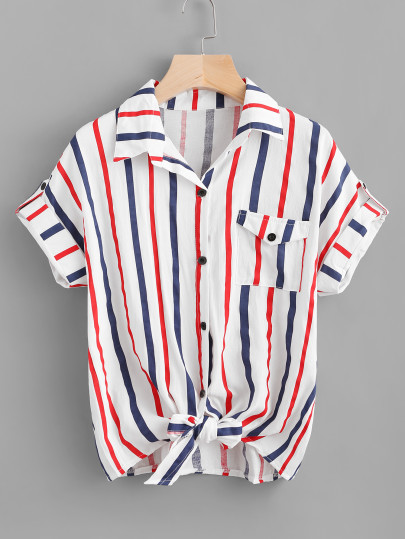 Striped Knot Front Cuffed Shirt With Chest Pocket