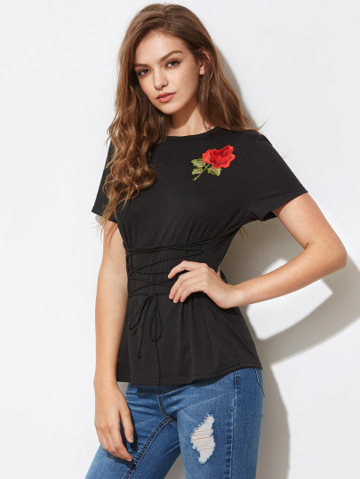 Embroidered Rose Patch Lace Up Form Fitting T-shirt
