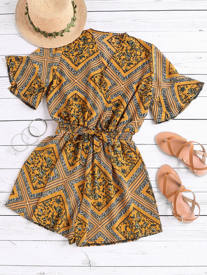 Patchwork Print Smocked Drawstring Waist Surplice Romper