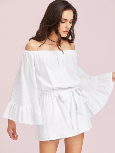 Flute Sleeve Self Belt Dot Jacquard Playsuit
