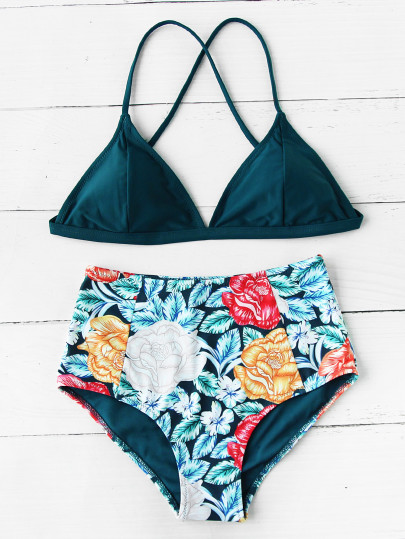 Set bikini con estampado de flor con cintura alta mix and match