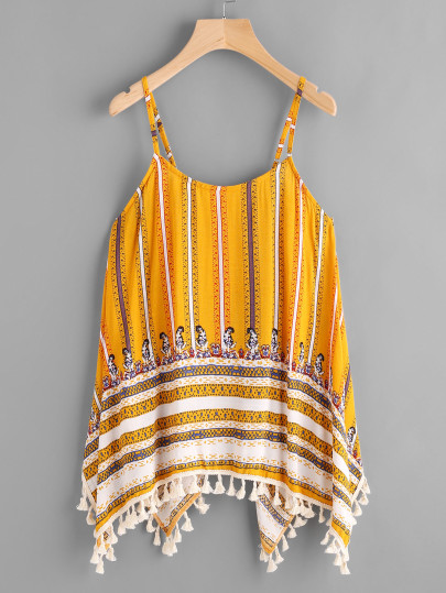 Tribal Print Tassel Hanky Hem Cami Top
