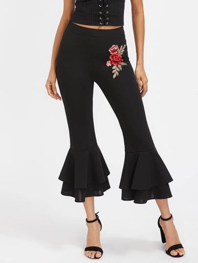 Embroidered Flower Applique Layered Flared Pants