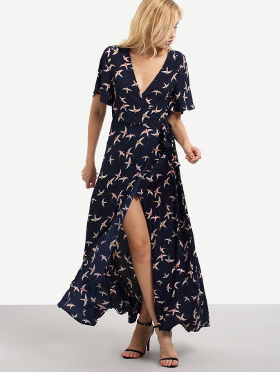 Colorful V-cut Birds Print Split long Dress