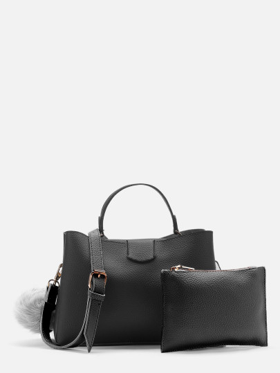Pom Pom Detail PU Shoulder Bag With Clutch