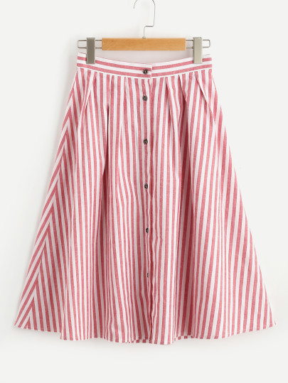 Buttoned Front Pleated Striped Skirt