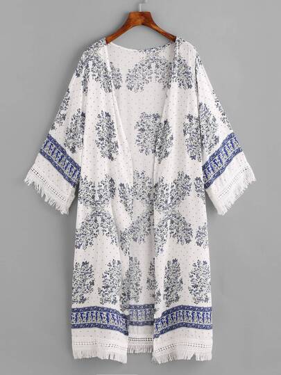 Botanical Print Fringe Hemline Cover Up