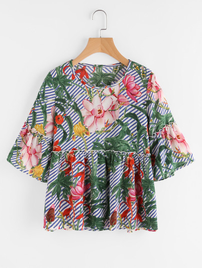 Florals Bell Sleeve Smock Blouse