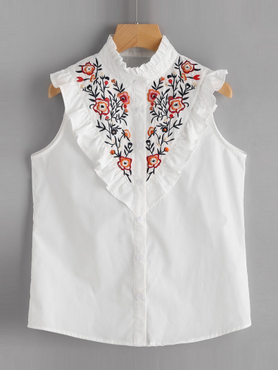 Blouse ruchée coupée brodée imprimée fleuri sans manche