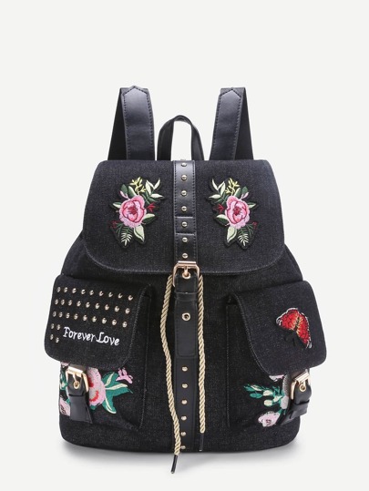 Applique And Studded Embellished Denim Backpack