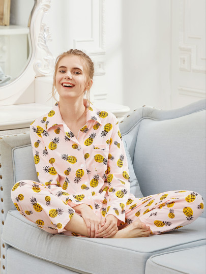 Pineapple Print Revere Collar Pajama Set