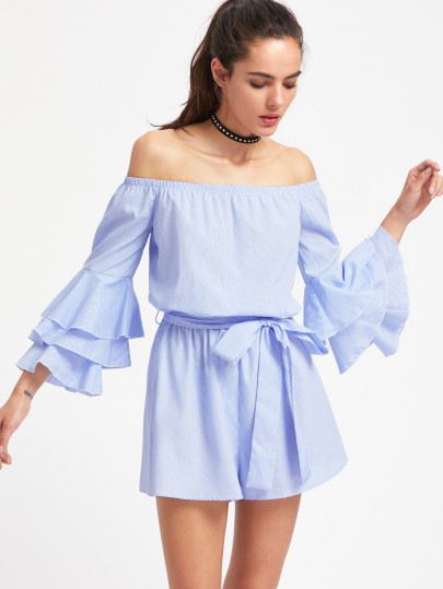 Self Tie Layered Bell Sleeve Striped Blouson Romper