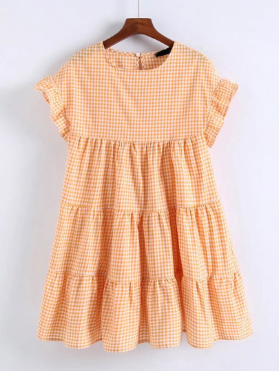 Ruffle Cuff Gingham Tiered Dress