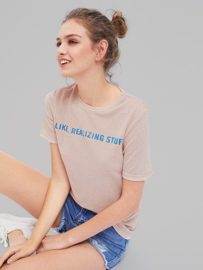 T-shirt metallizzato con stampa di slogan