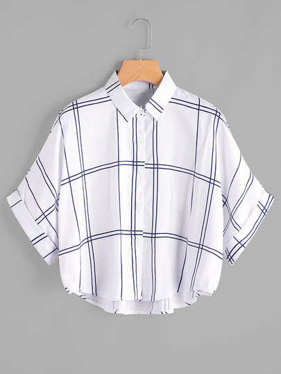 Blusa de manga de doblez con estampado de cuadrados