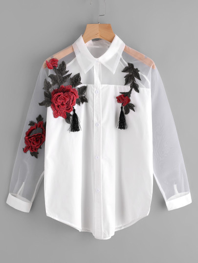 Bluse mit Applikation, Quaste aus Netzstoff