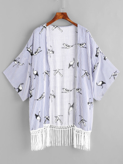 Kimono imprimé de la grue à rayures avec des franges