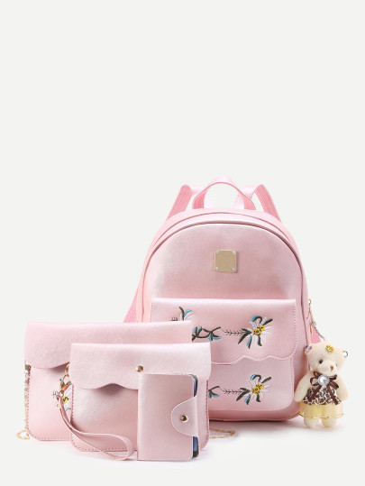 4 piezas mochila de pu de bordado con adorno de beso
