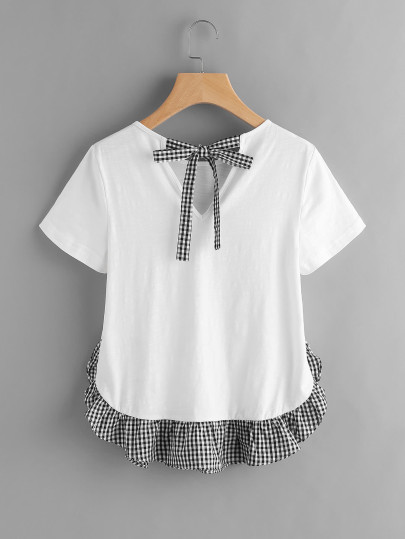 Checkered Bow Back And Ruffle Trim Slub T-shirt
