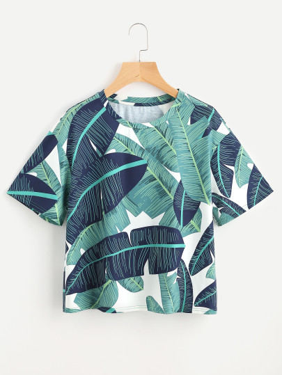 T-shirt con spalle scivolate e stampa di fogliame