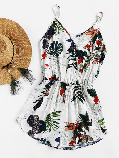Tropical Print Surplice Tulip Hem Cami Romper