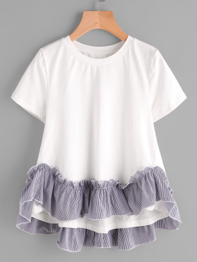 Striped Ruffle Trim Hi Lo A Line T-shirt