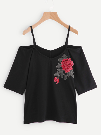 Embroidered Applique Cold Shoulder Tee