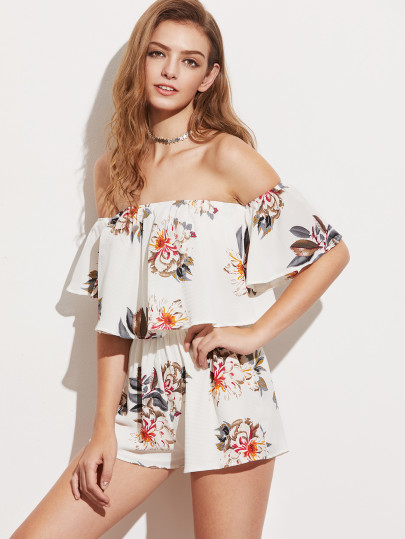 Flower Print Flounce Layered Neckline Romper