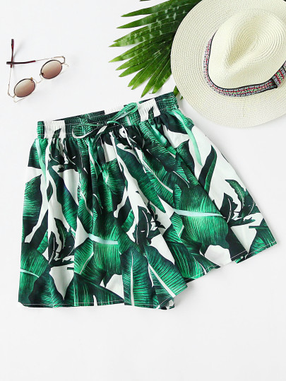 Shorts imprimé des feuilles taille ruchée