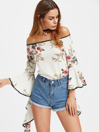 Bardot Floral Print Contrast Trim Flare Sleeve Top