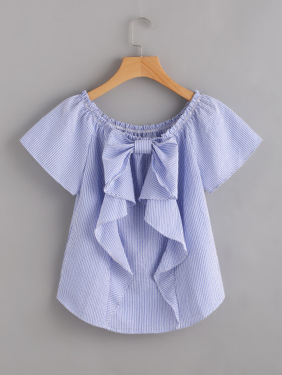 Vertical Striped Frill Trim Blouse