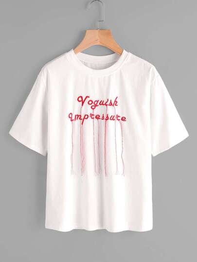 Letter Embroidery Fringe Detail Tee