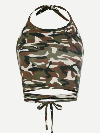 Top corto de espalda abierta con tiras cruzadas con estampado de camuflaje