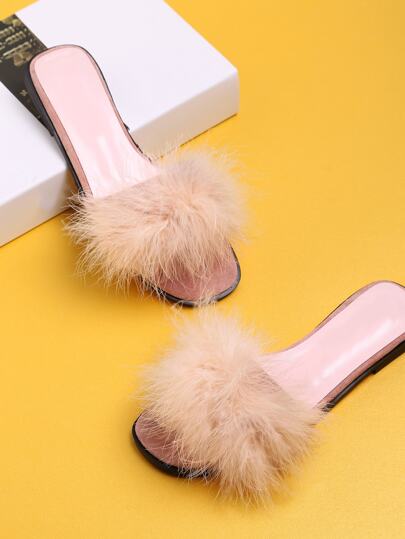 Faux Fur Decorated Slide Flat Sandals