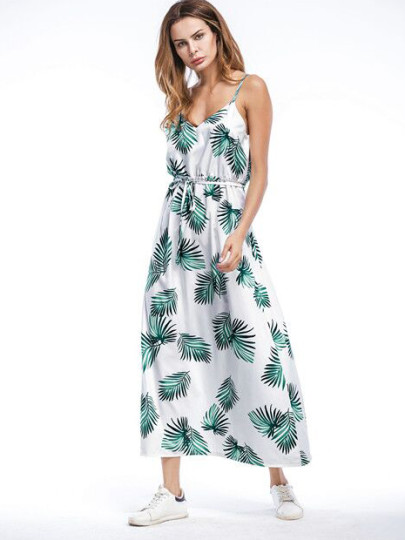 Palm Leaf Print Open Back Cami Dress