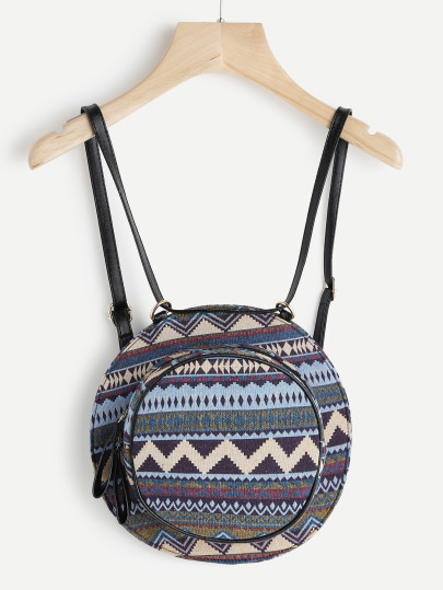 Geometric Pattern Round Backpack With Convertible Strap