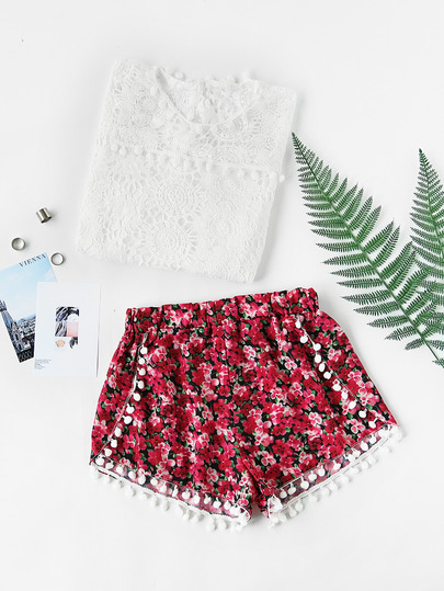 Shorts con estampado de margarita de los prados con bolitas