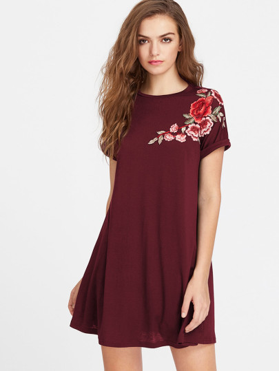 Embroidered Flower Applique Swing Tee Dress