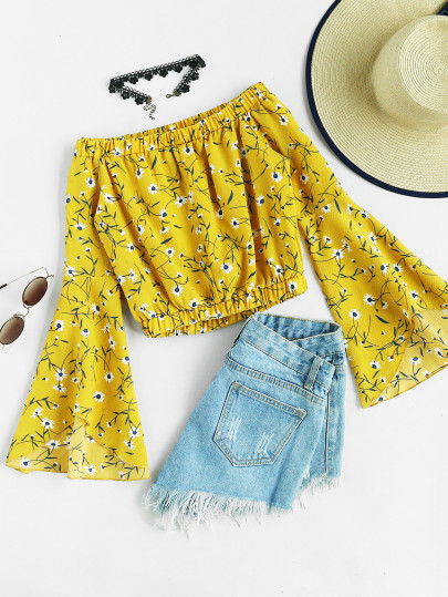 Off Shoulder Fluted Sleeve Ditsy Print Blouse