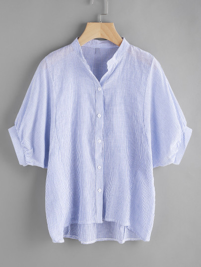 Vertical Striped Lantern Sleeve Dip Hem Blouse